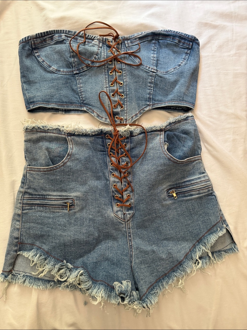 Lace-Up High-Waist Blue Denim Jean SET